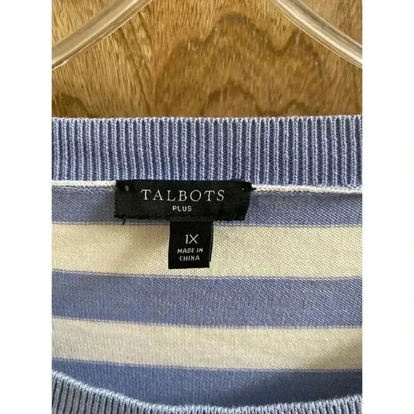 Talbots Womens Blue & White 3/4 Sleeve Striped Floral Knit Sweater Plus Size 1X - Picture 2 of 9